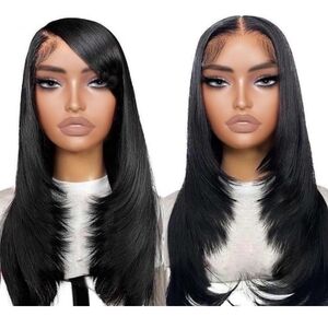 Black Wear and Go Glueless Wig with Bangs Synthetic Lace Front Wigs for Women